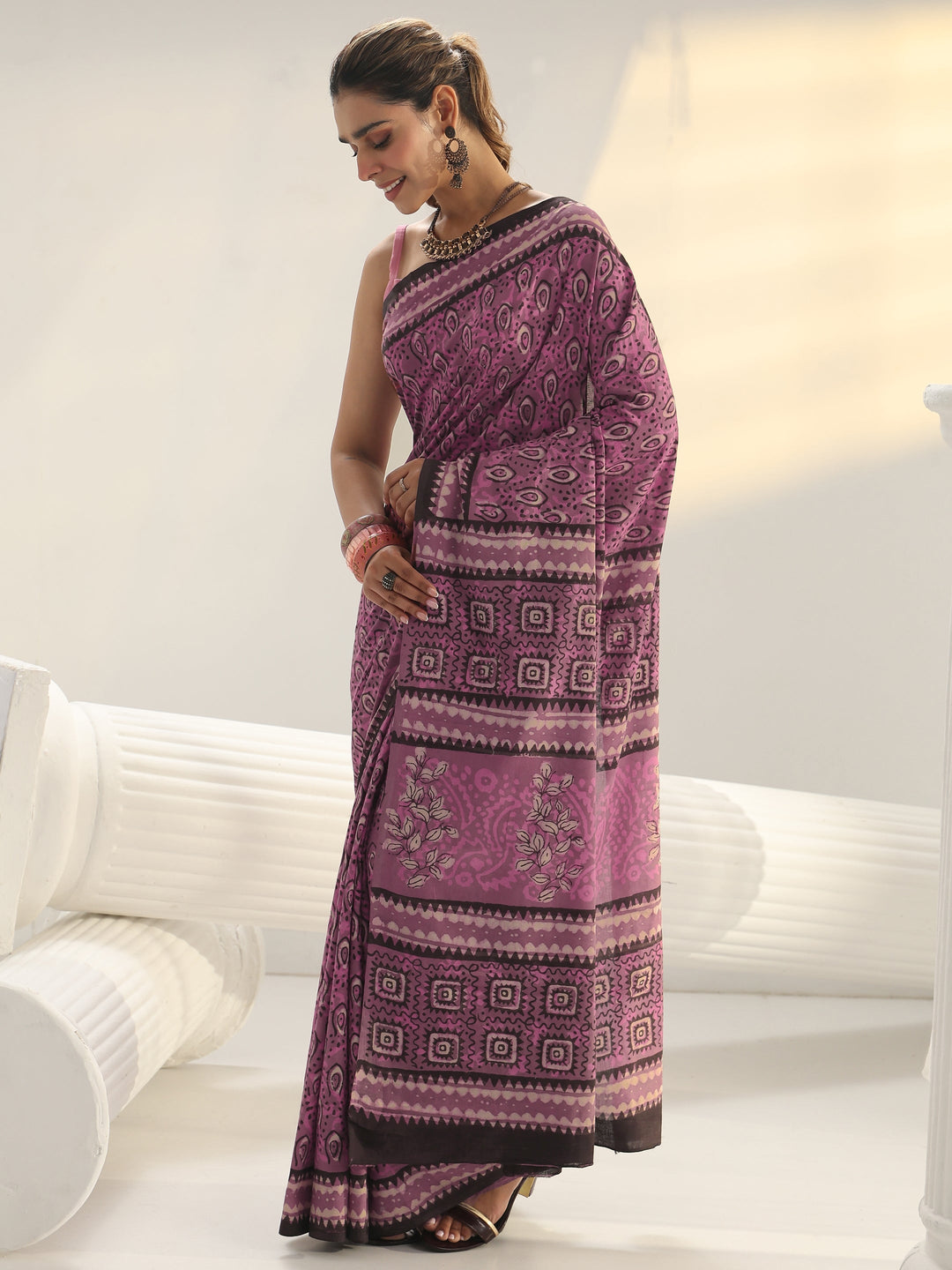  Pink Dabu Print Cotton Saree 