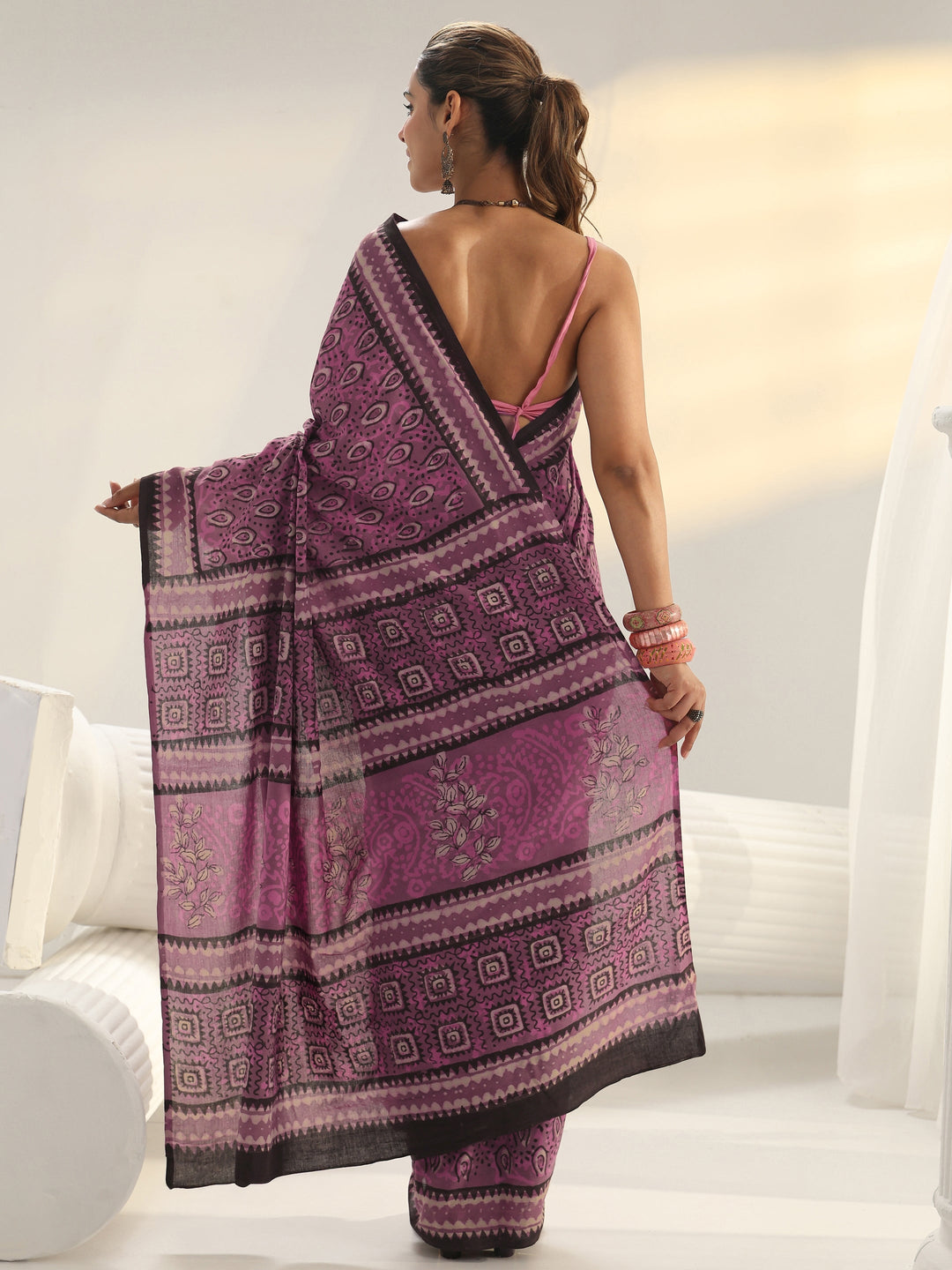  Pink Dabu Print Cotton Saree 