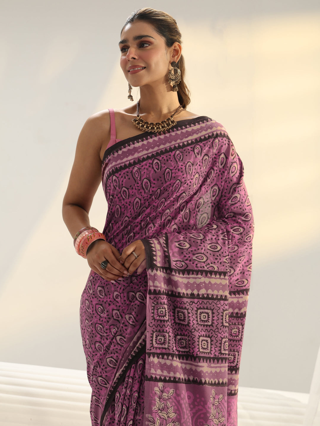  Pink Dabu Print Cotton Saree 