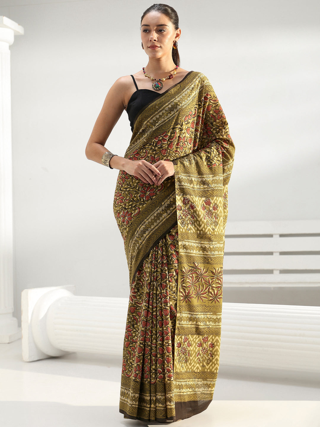  Green Floral Printed Cotton saree 
