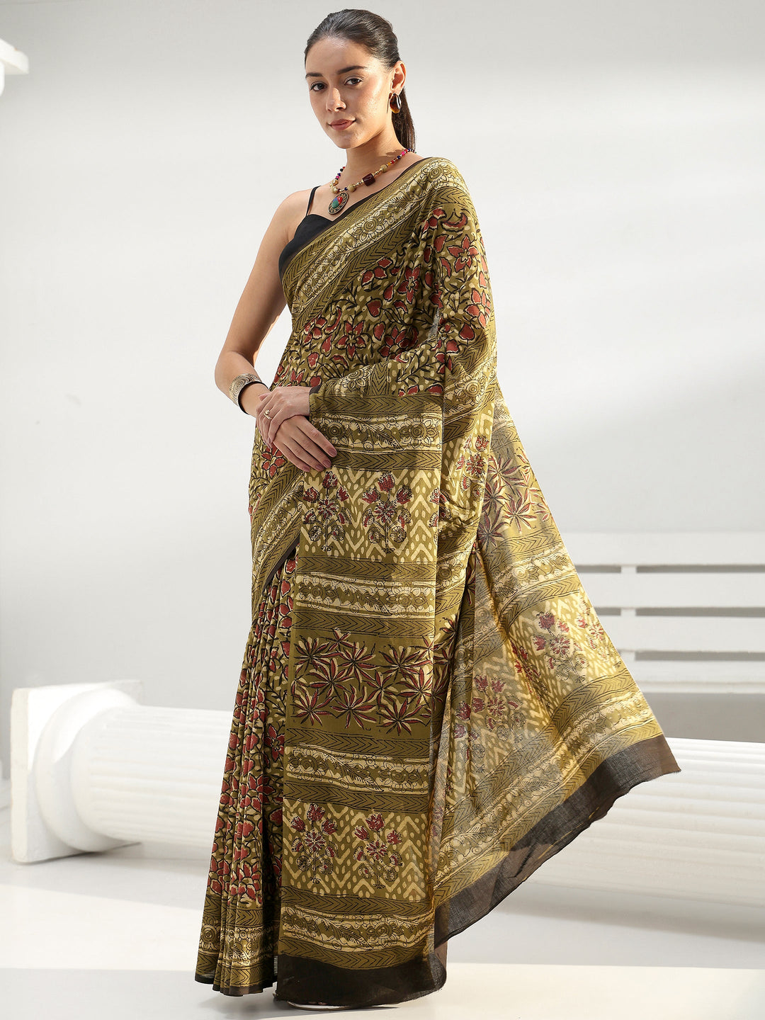  Green Floral Printed Cotton saree 