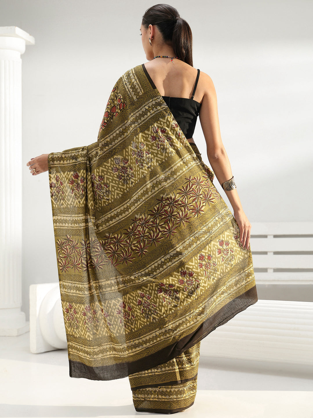  Green Floral Printed Cotton saree 