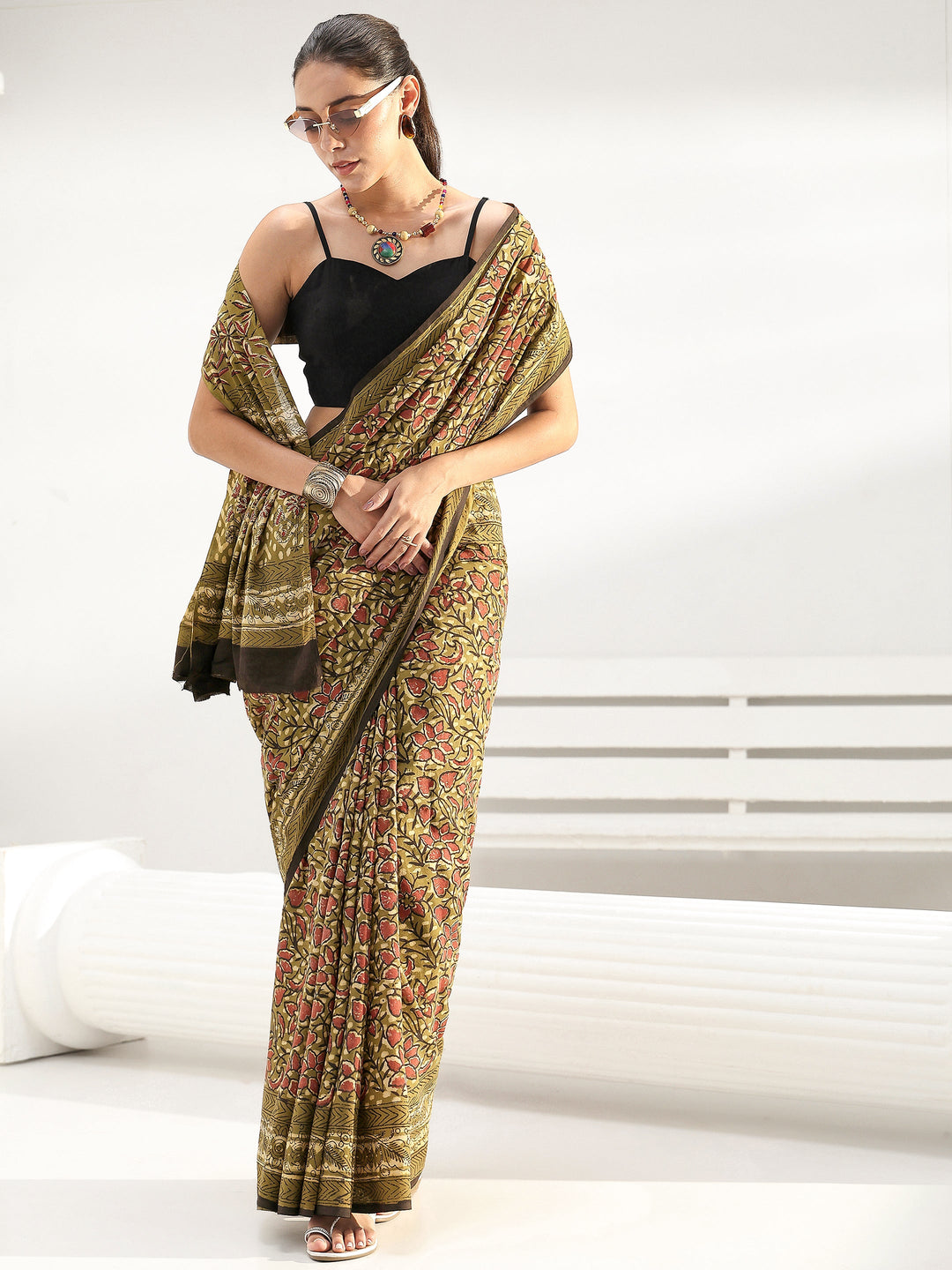  Green Floral Printed Cotton saree 