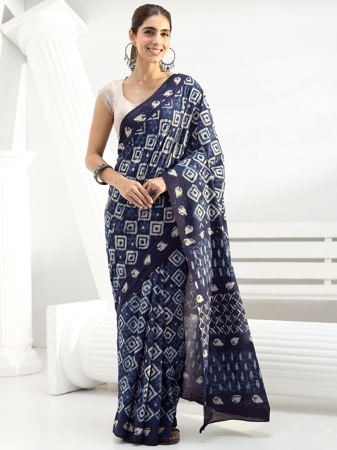  Blue Printed Cotton Saree 