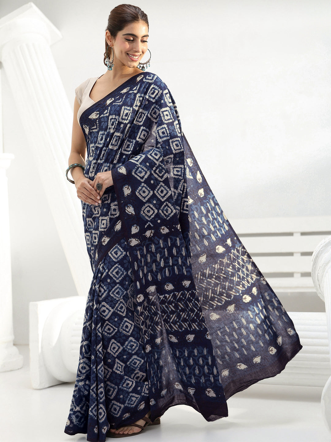 Blue Printed Cotton Saree 