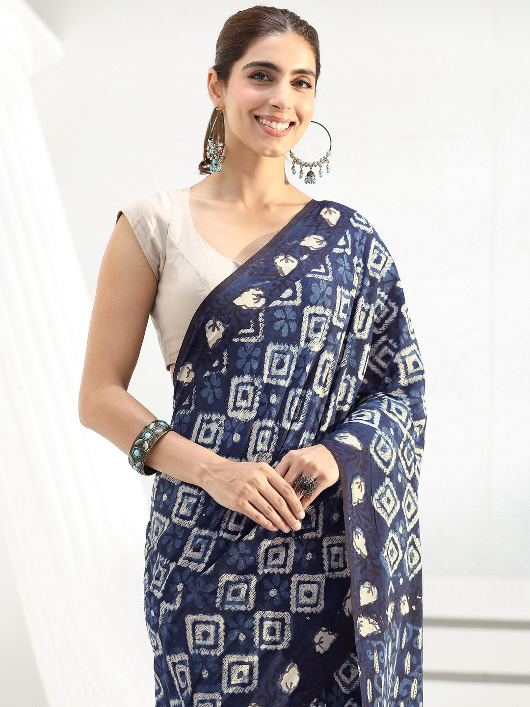  Blue Printed Cotton Saree 