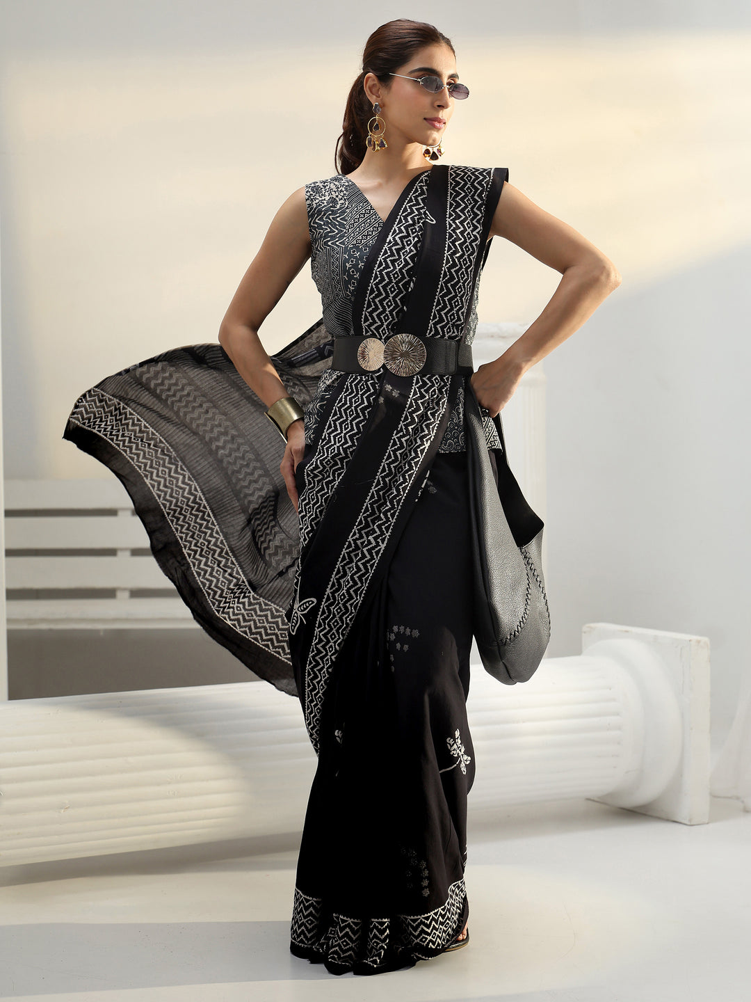 Black Geometric Border Printed Cotton Saree
