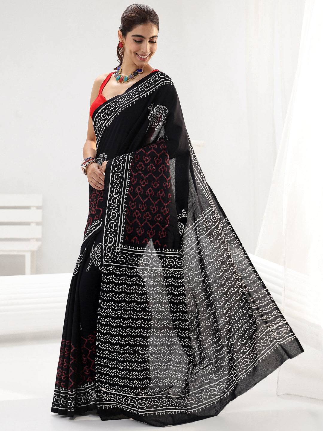  Black Printed Cotton saree 