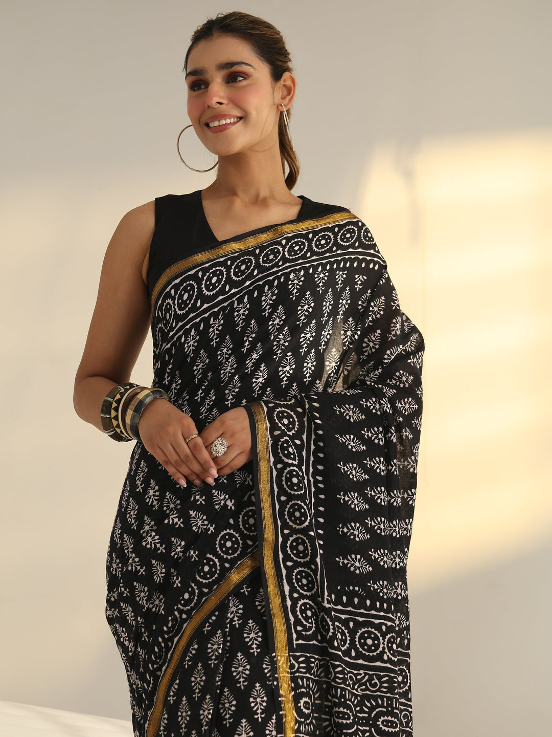  Black Dabu Print Cotton Saree 