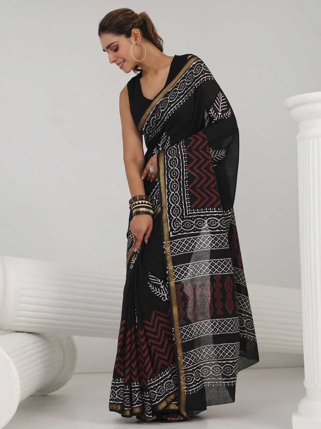  Black Block Print Cotton Saree 