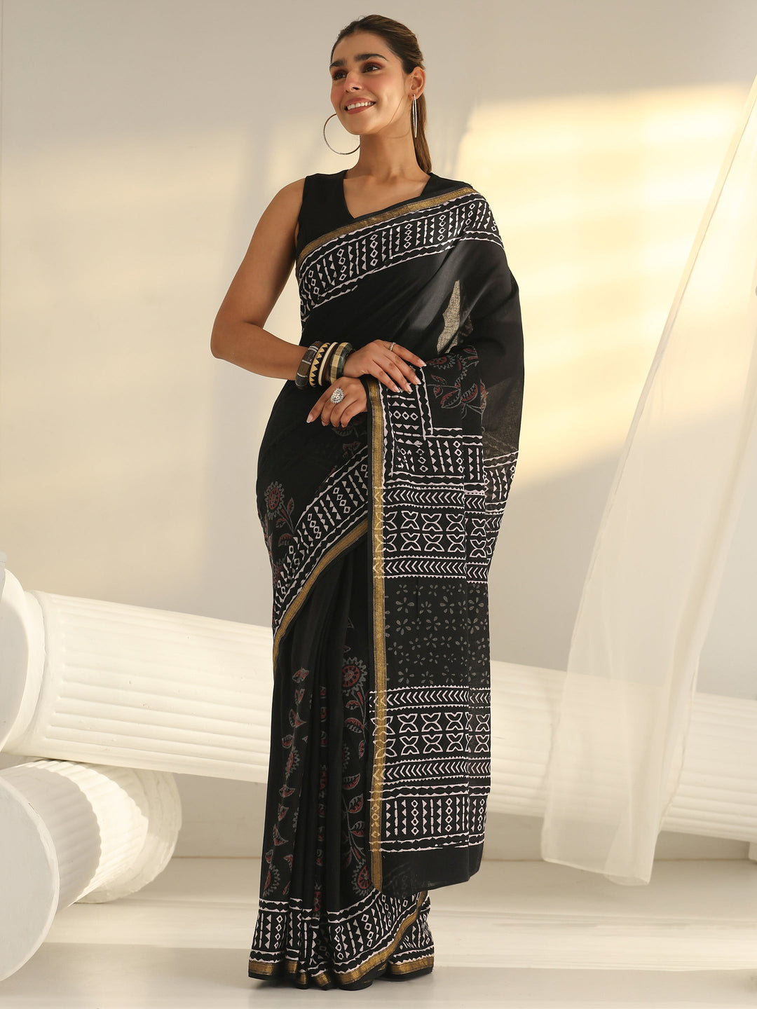  Black Block Print Cotton Saree 
