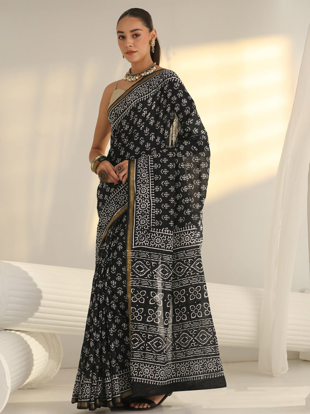  Black Dabu Print Cotton Saree 