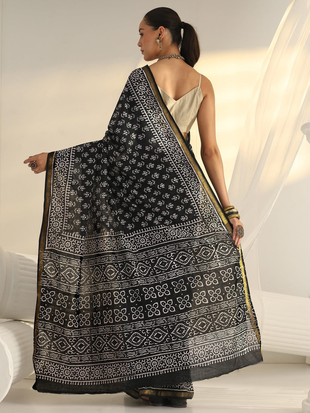  Black Dabu Print Cotton Saree 