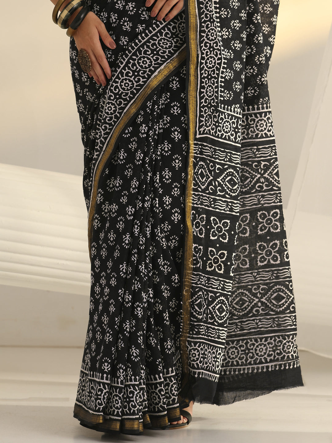 Black Dabu Print Cotton Saree 