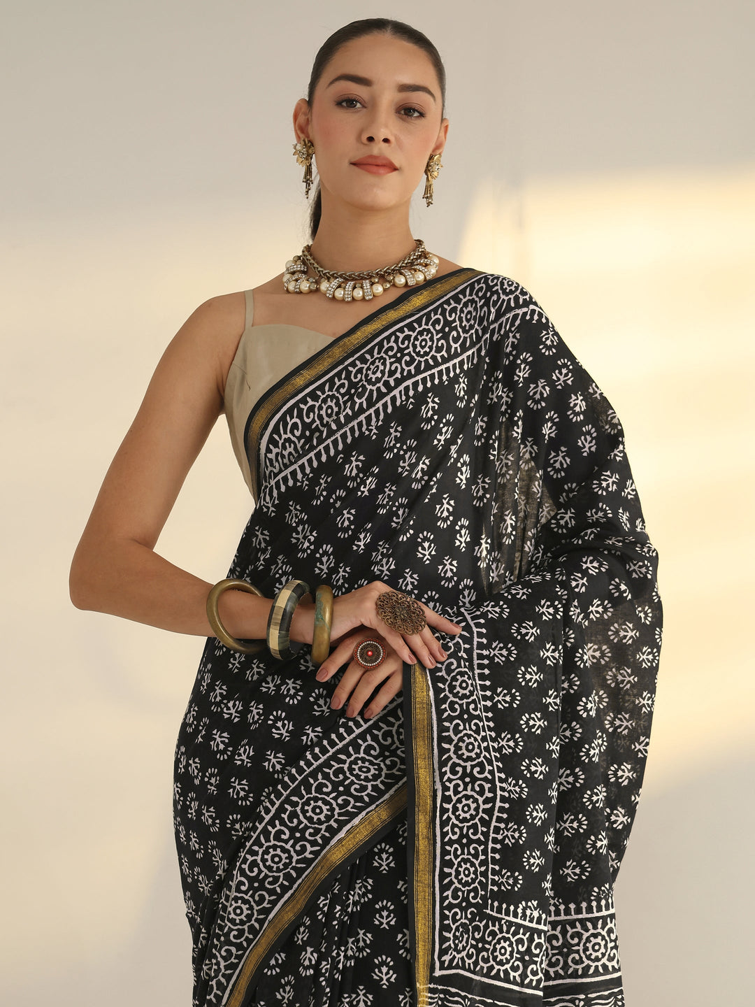  Black Dabu Print Cotton Saree 