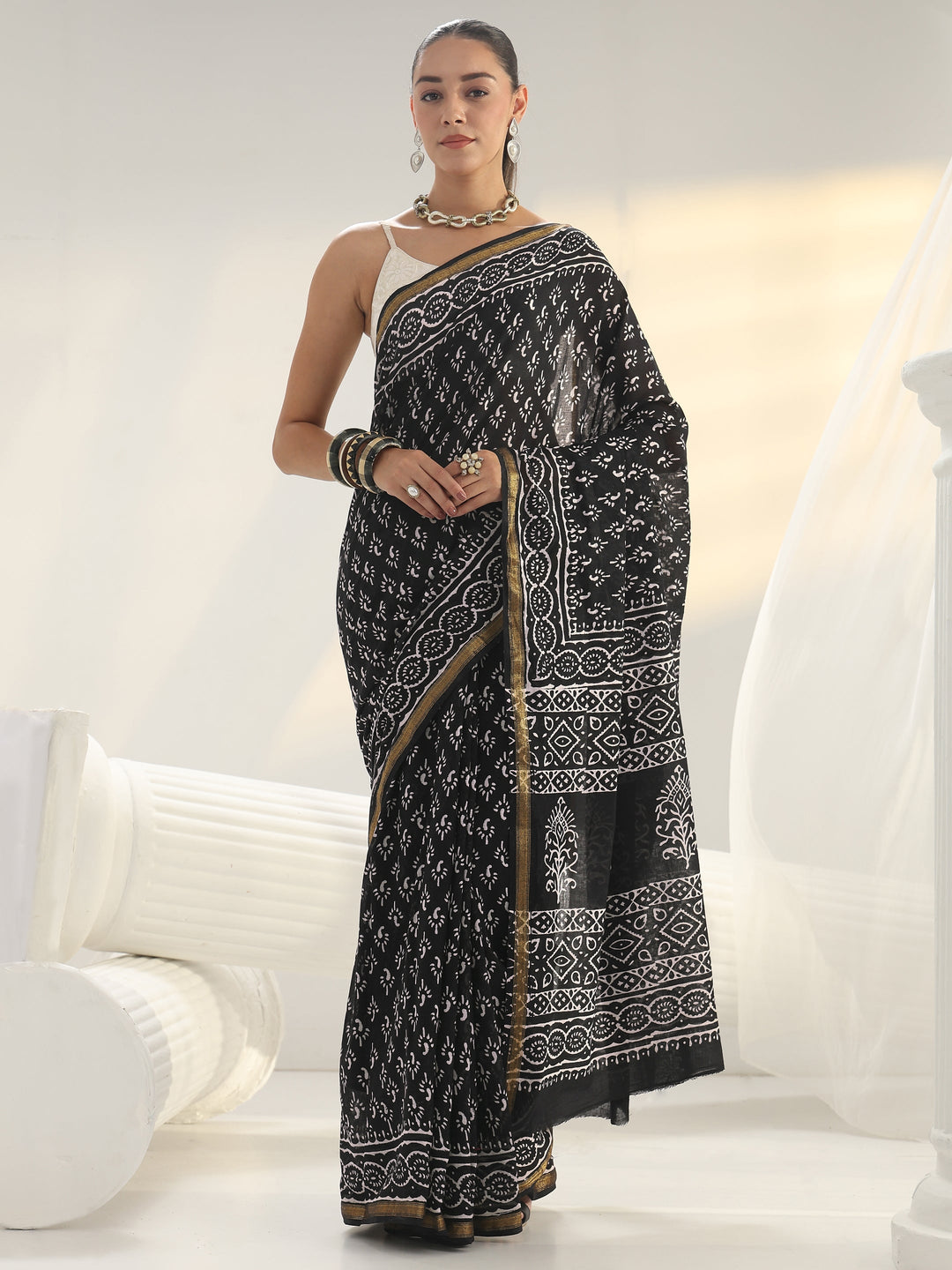 Black Dabu Print Cotton Saree 