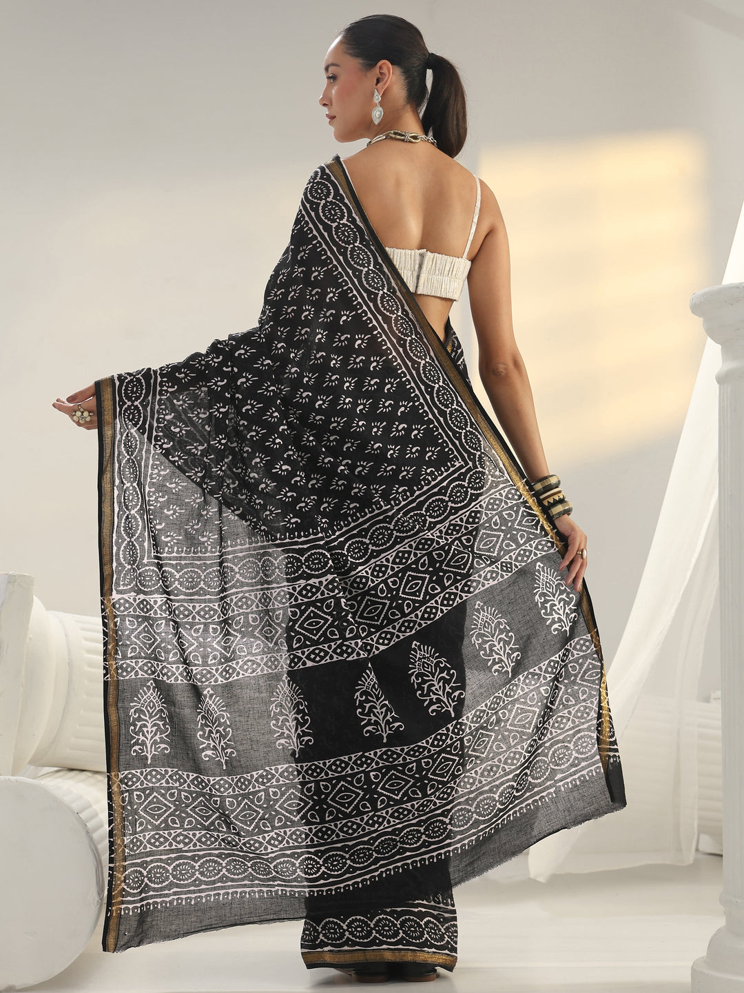  Black Dabu Print Cotton Saree 