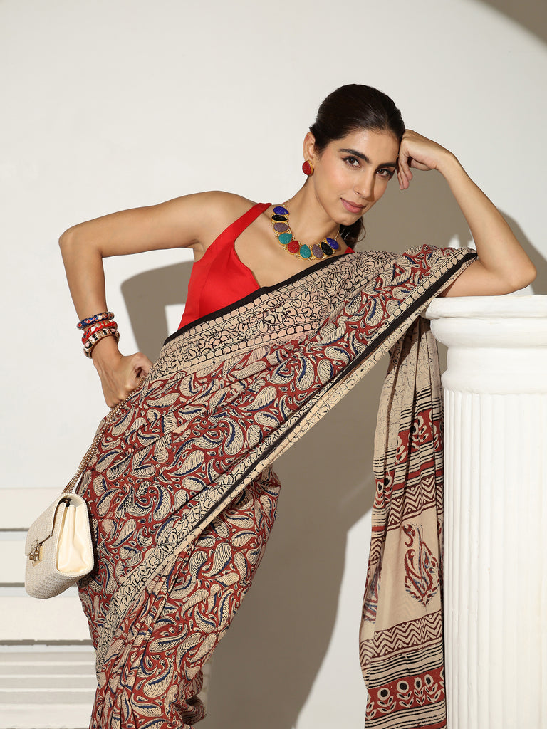 Libas Beige Paisley Dabu Print Cotton Saree
