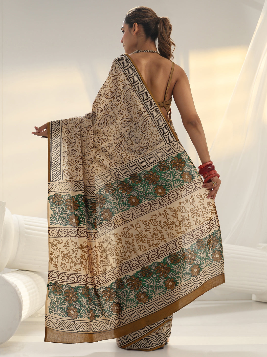  Beige Dabu Print Cotton Saree 