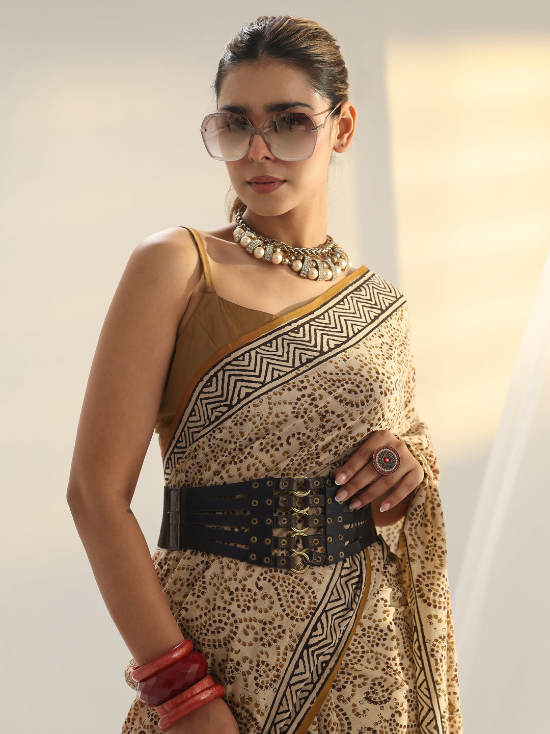  Beige Dabu Print Cotton Saree 