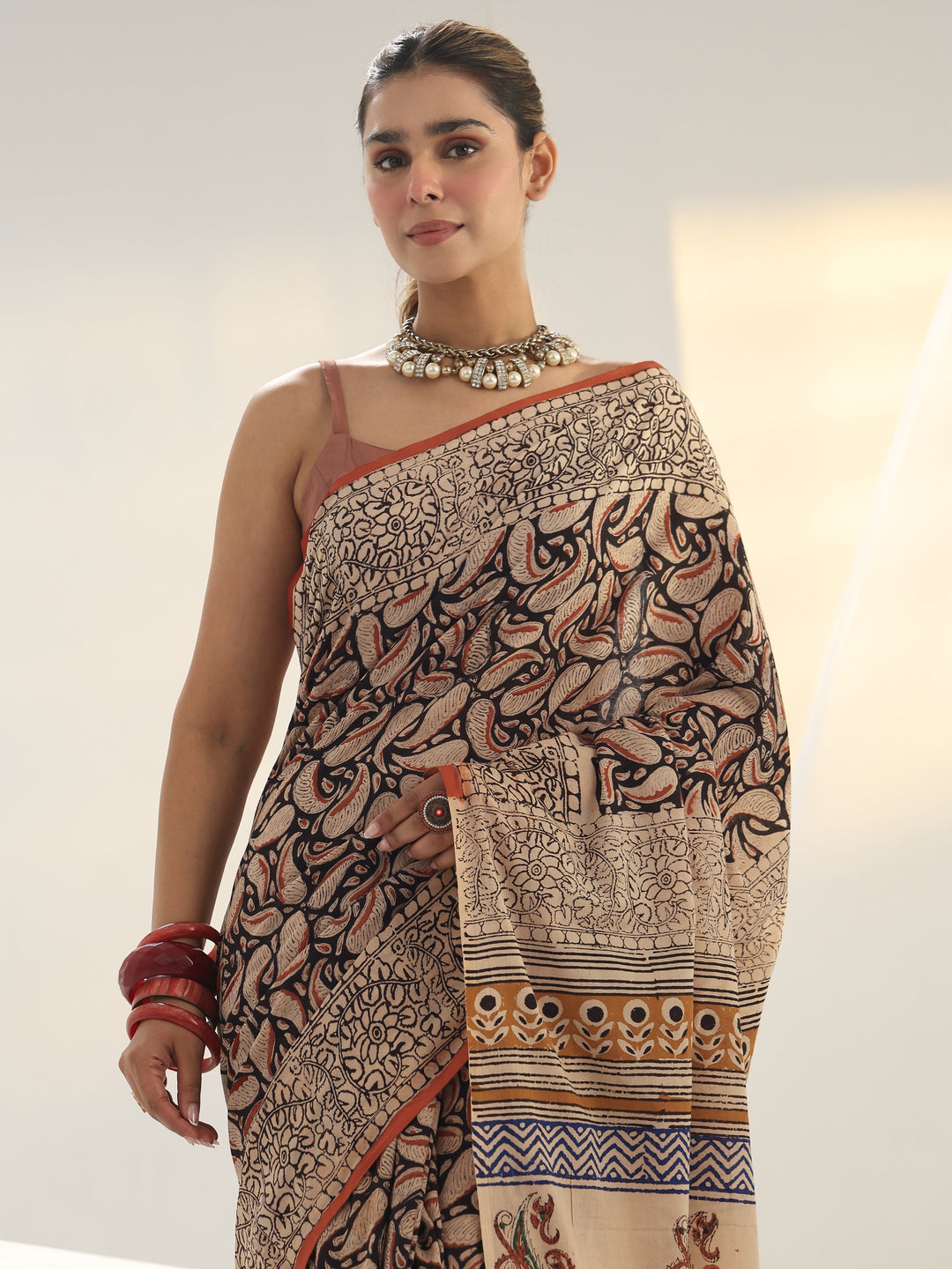  Beige Paisley Printed Cotton Saree 