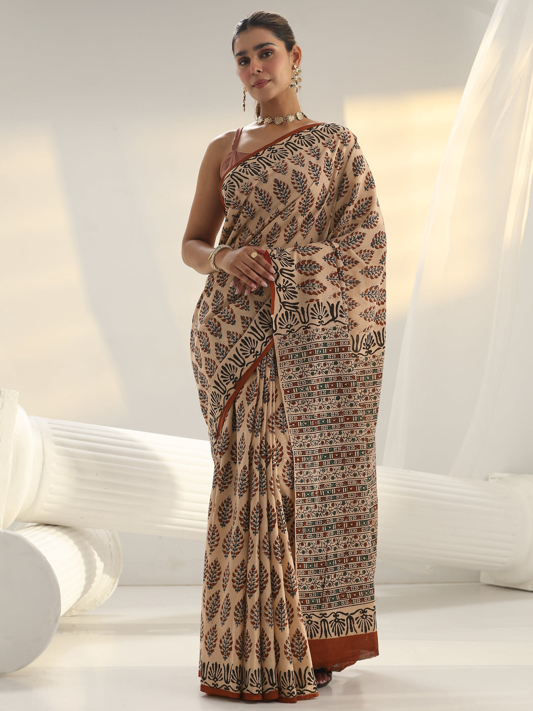  Beige Block Print Cotton Saree 