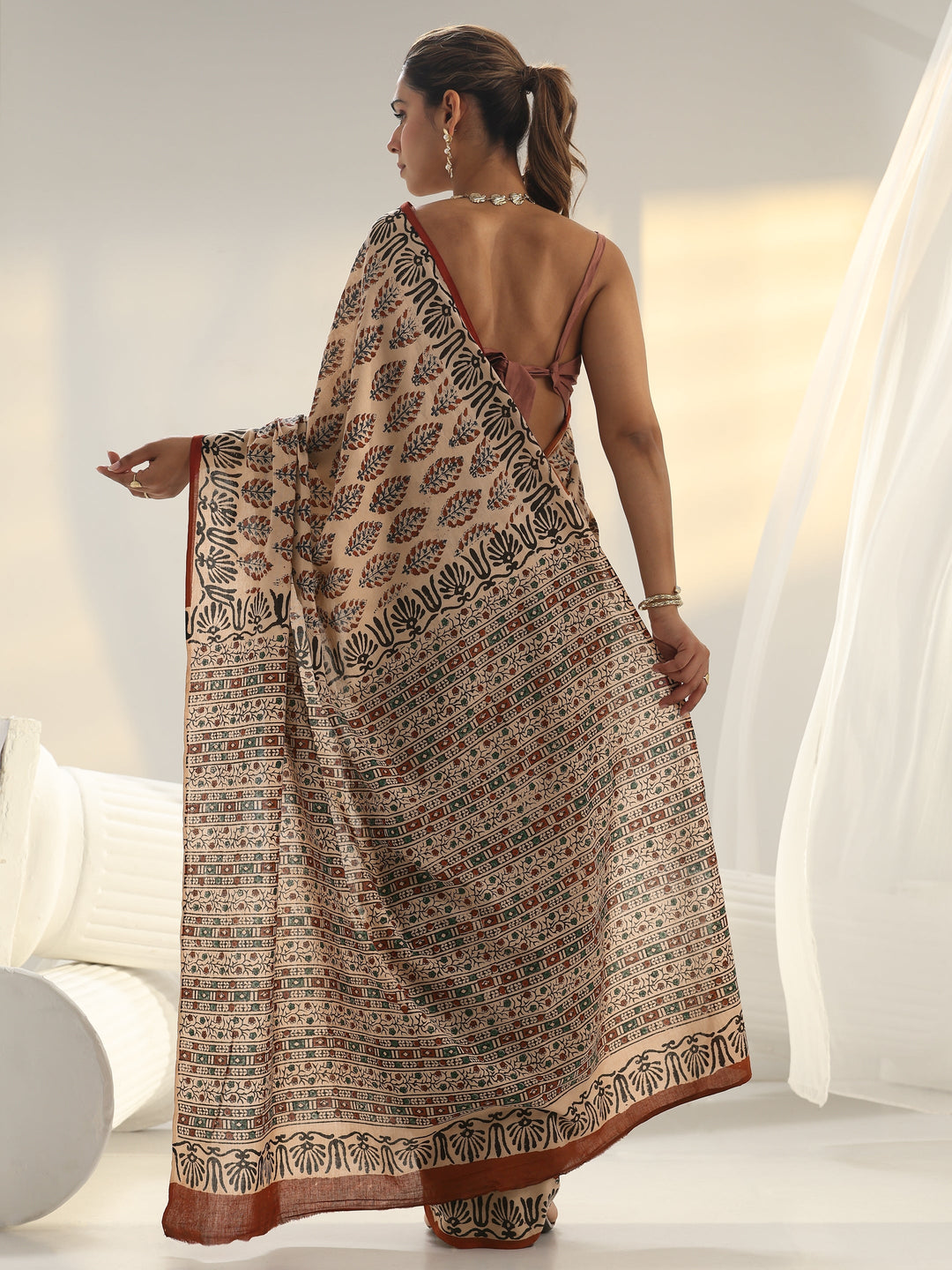  Beige Block Print Cotton Saree 