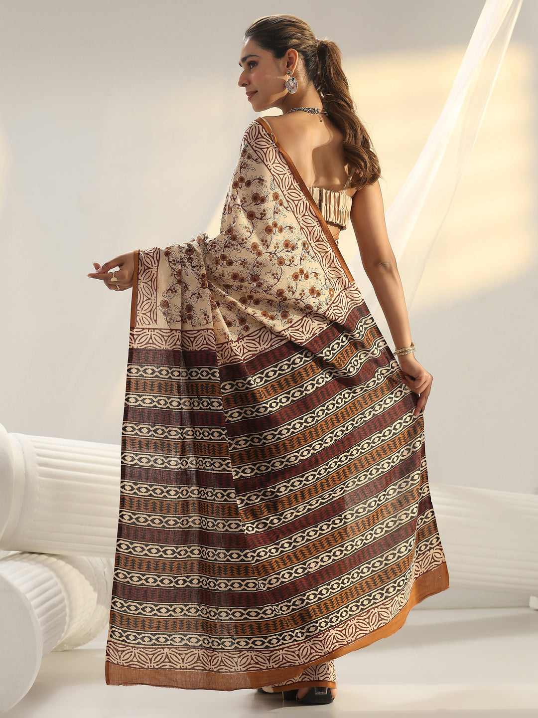  Beige Bagru Print Cotton Saree 