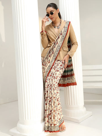 Beige Floral Bagru Print Cotton Saree