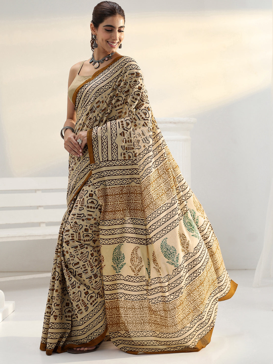  Beige Quirky Printed Cotton Saree 