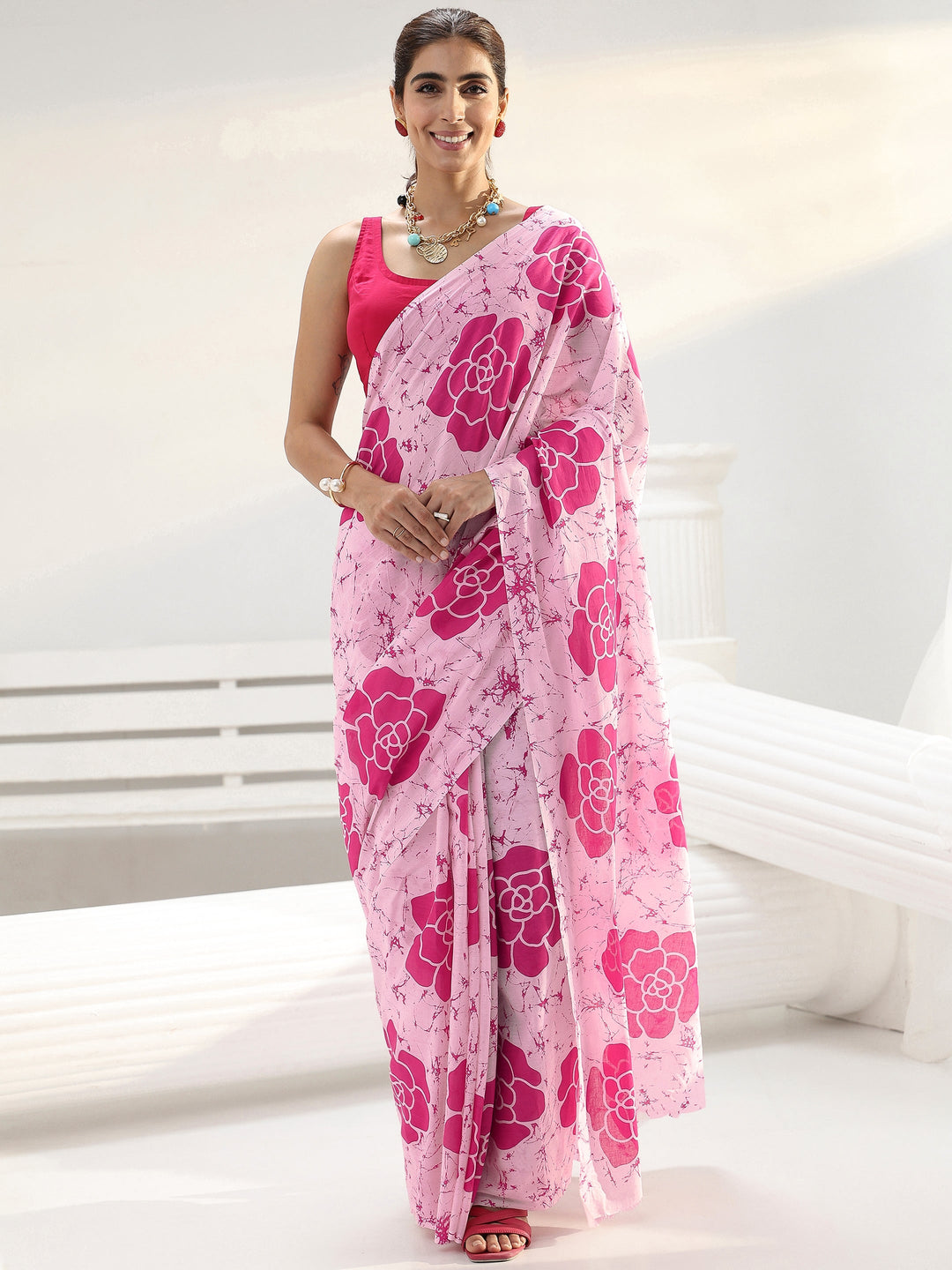  Pink Floral Printed Cotton saree 