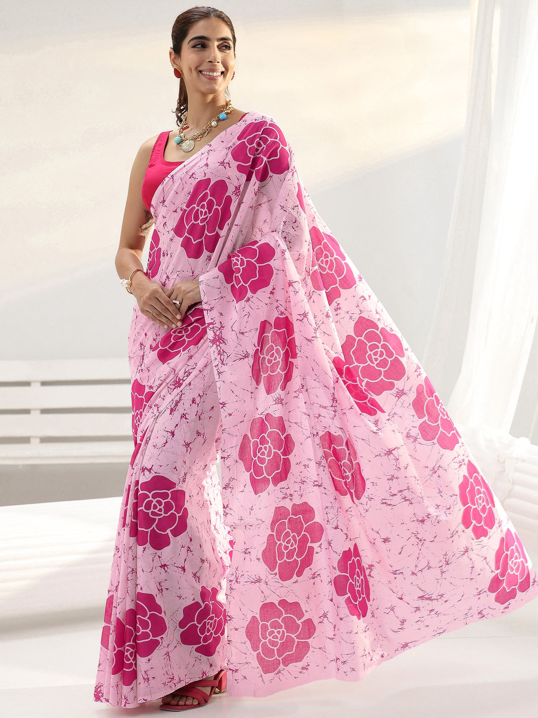  Pink Floral Printed Cotton saree 