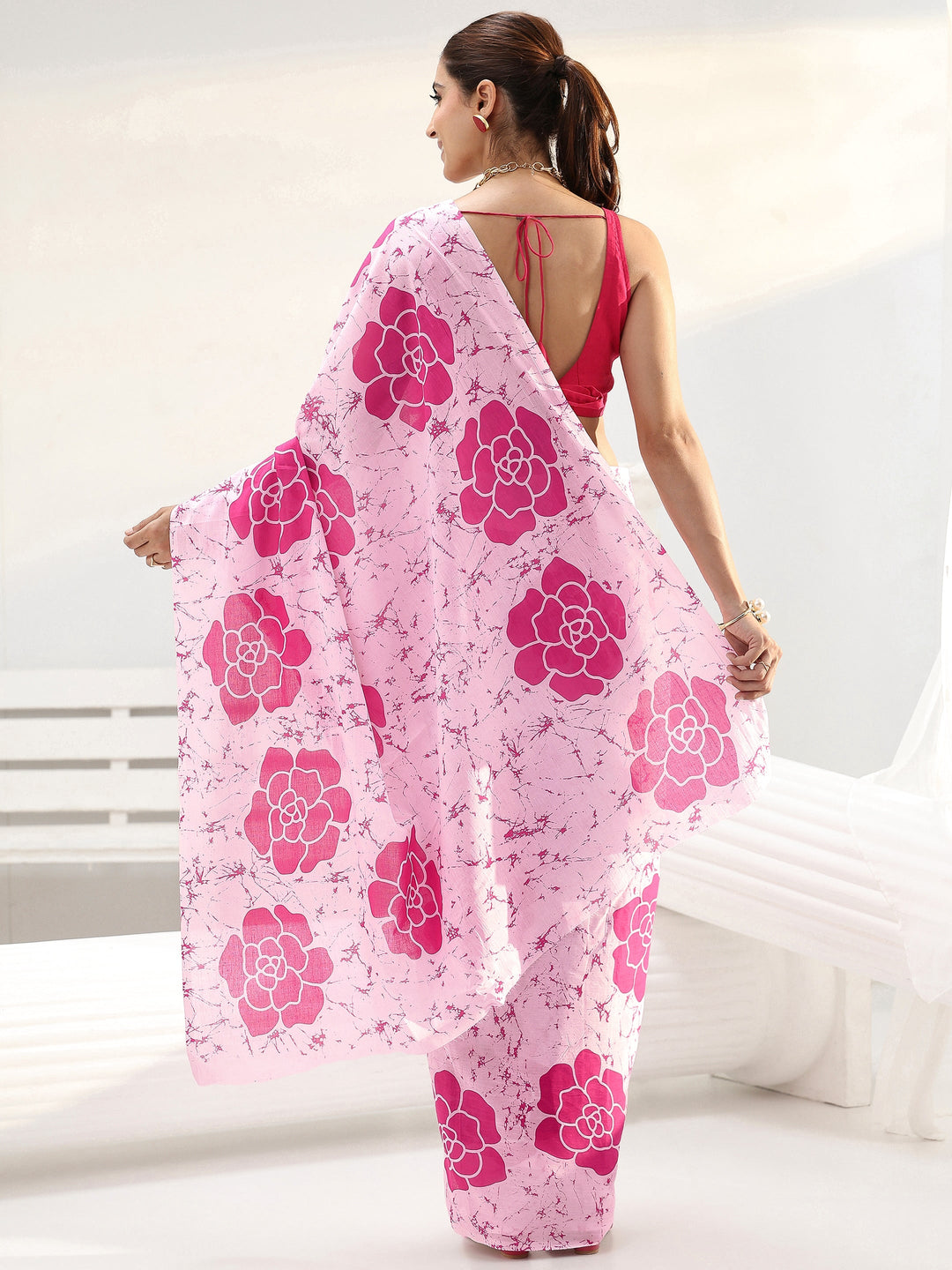  Pink Floral Printed Cotton saree 