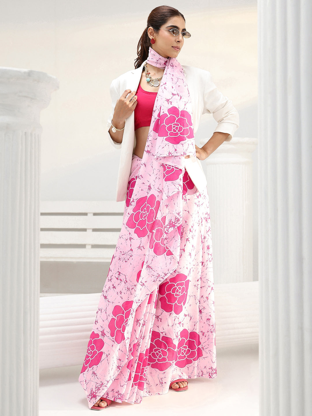  Pink Floral Printed Cotton saree 