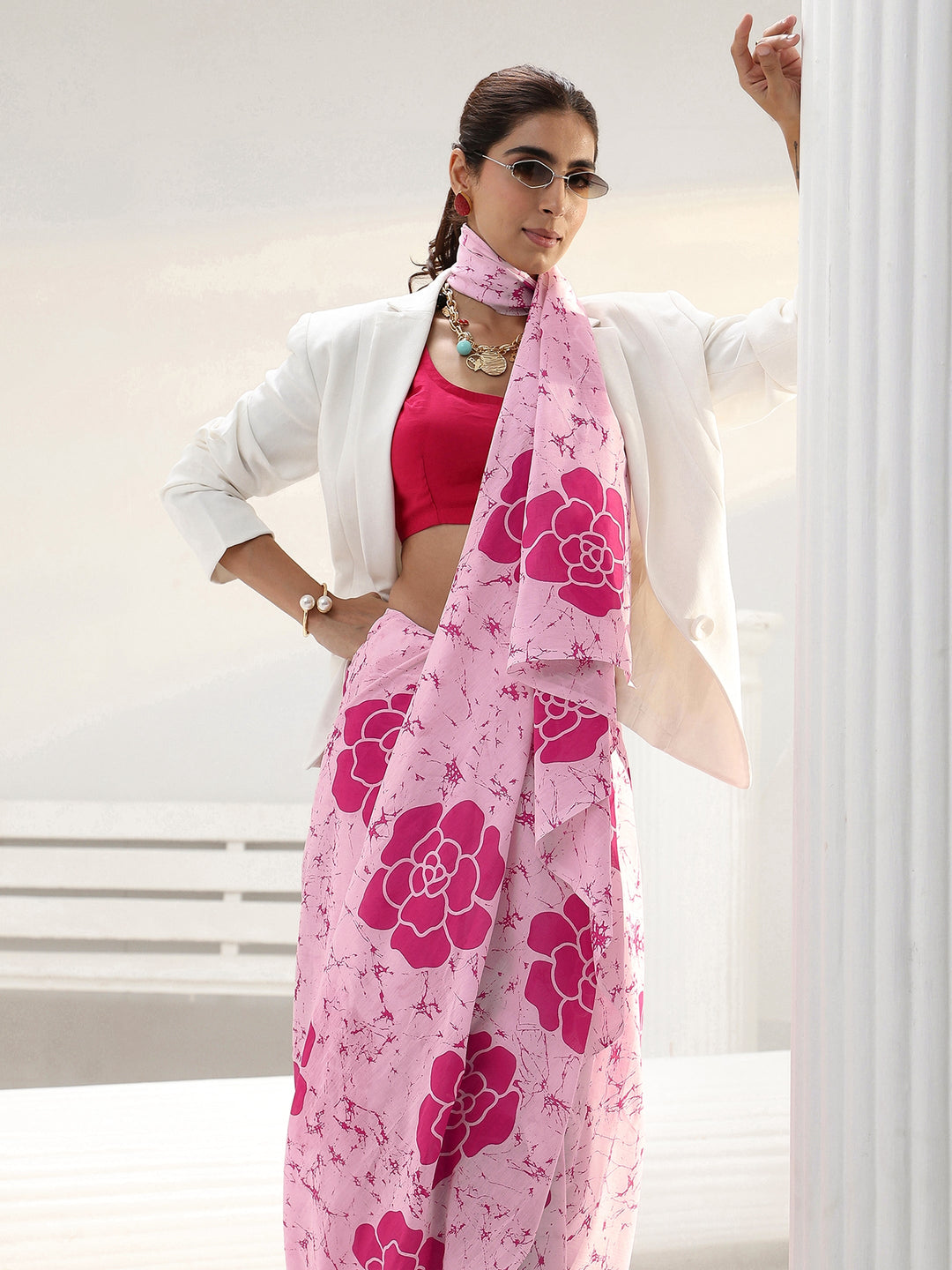  Pink Floral Printed Cotton saree 