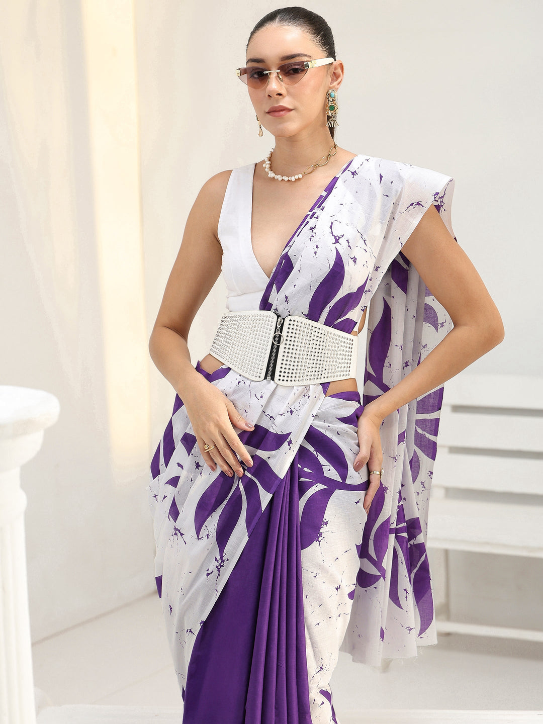  Purple Floral Printed Cotton Saree 