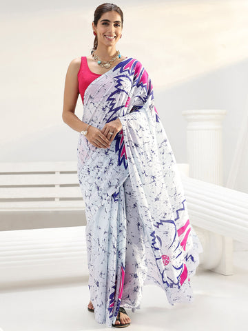 White Batik Print Cotton Saree