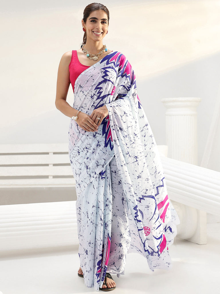 Libas White Batik Print Cotton Saree