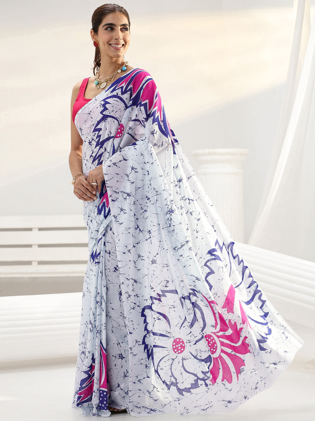  White Floral Printed Cotton saree 