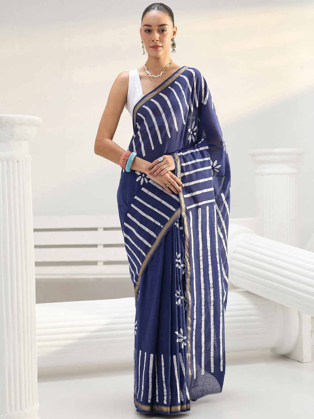  Blue Floral Printed Cotton Saree 