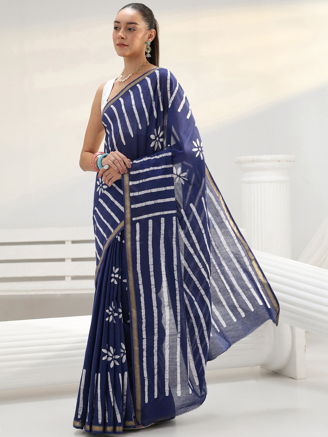  Blue Floral Printed Cotton Saree 