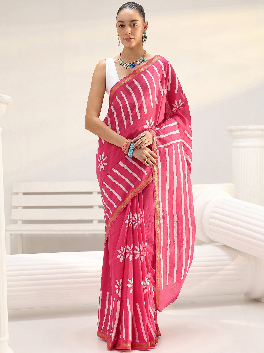  Pink Floral Printed Cotton saree 
