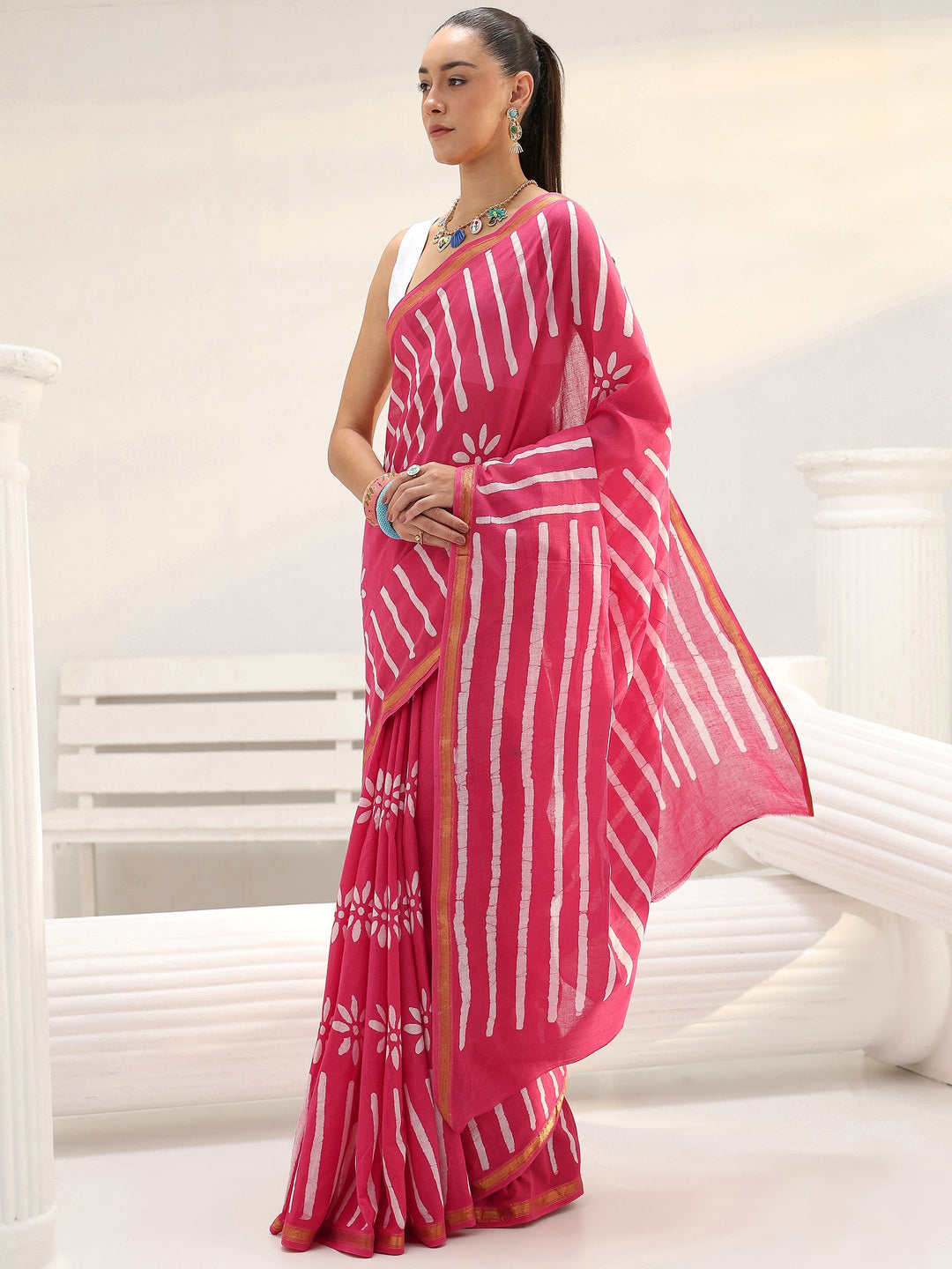  Pink Floral Printed Cotton saree 