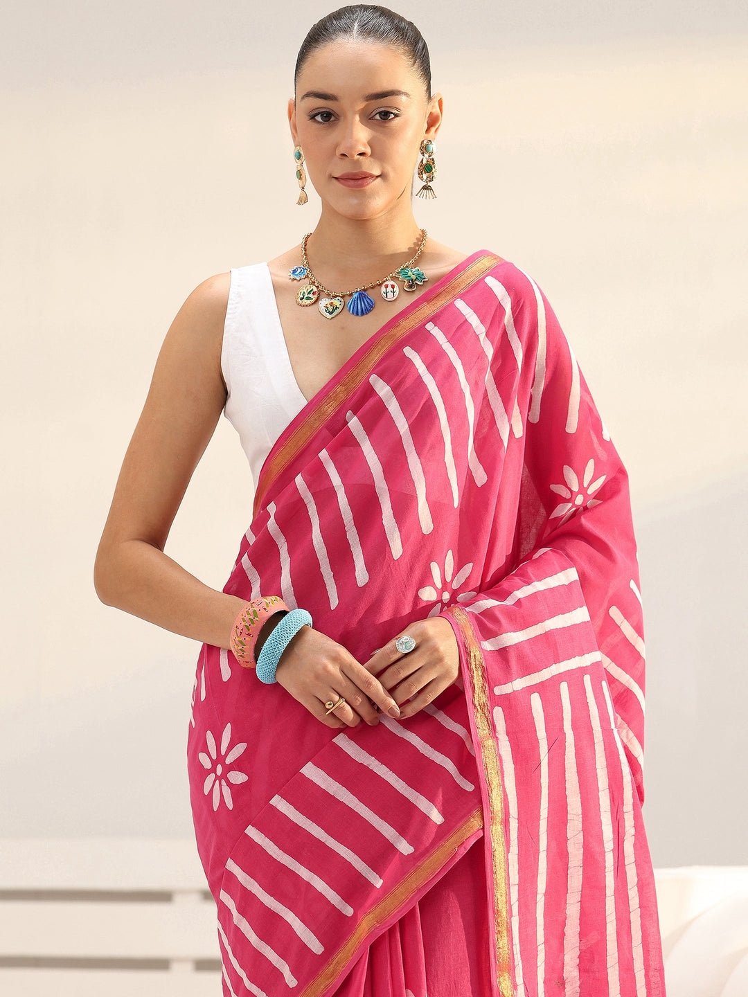  Pink Floral Printed Cotton saree 