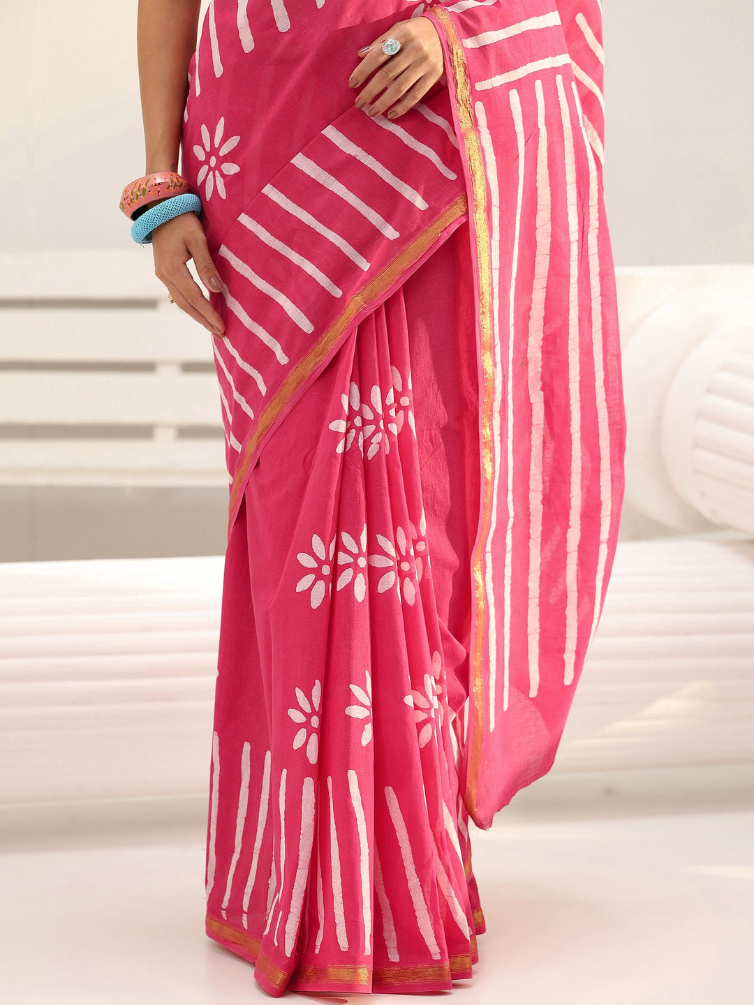  Pink Floral Printed Cotton saree 