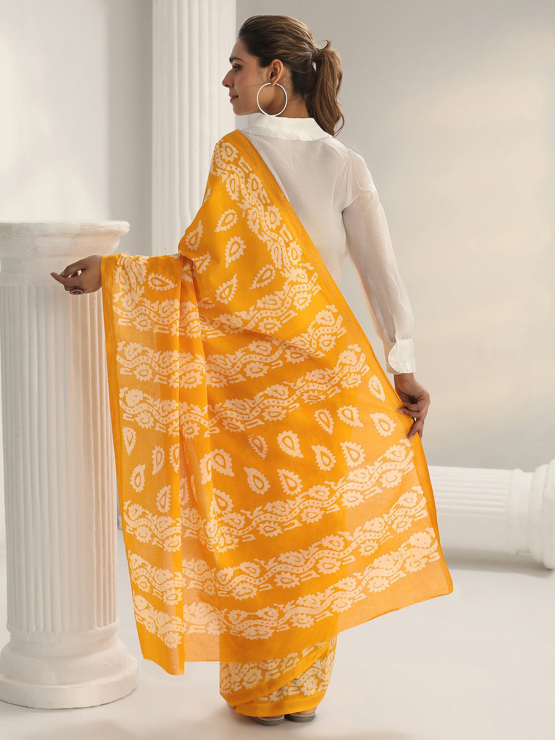  Mustard Block Print Cotton Saree 