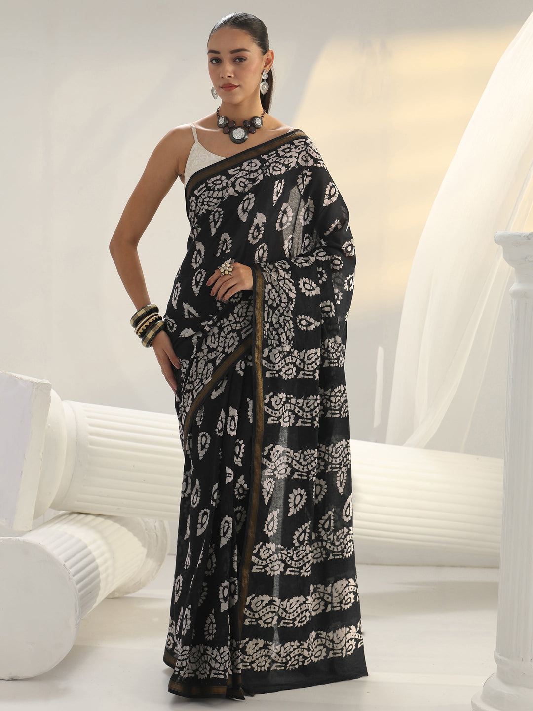  Black Block Print Cotton Saree 