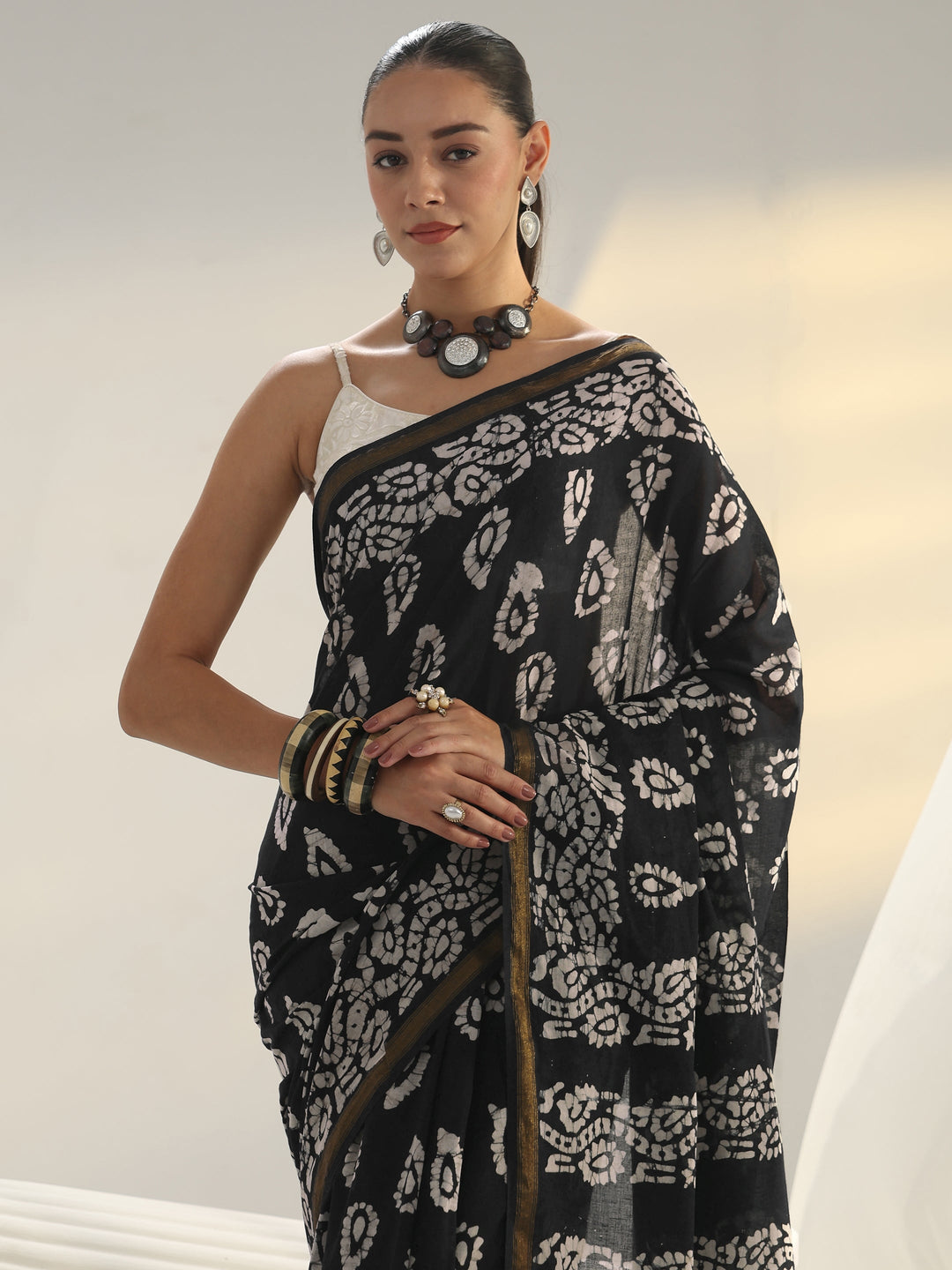  Black Block Print Cotton Saree 