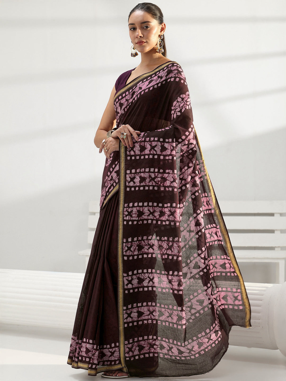  Burgundy Floral Printed Cotton Saree 