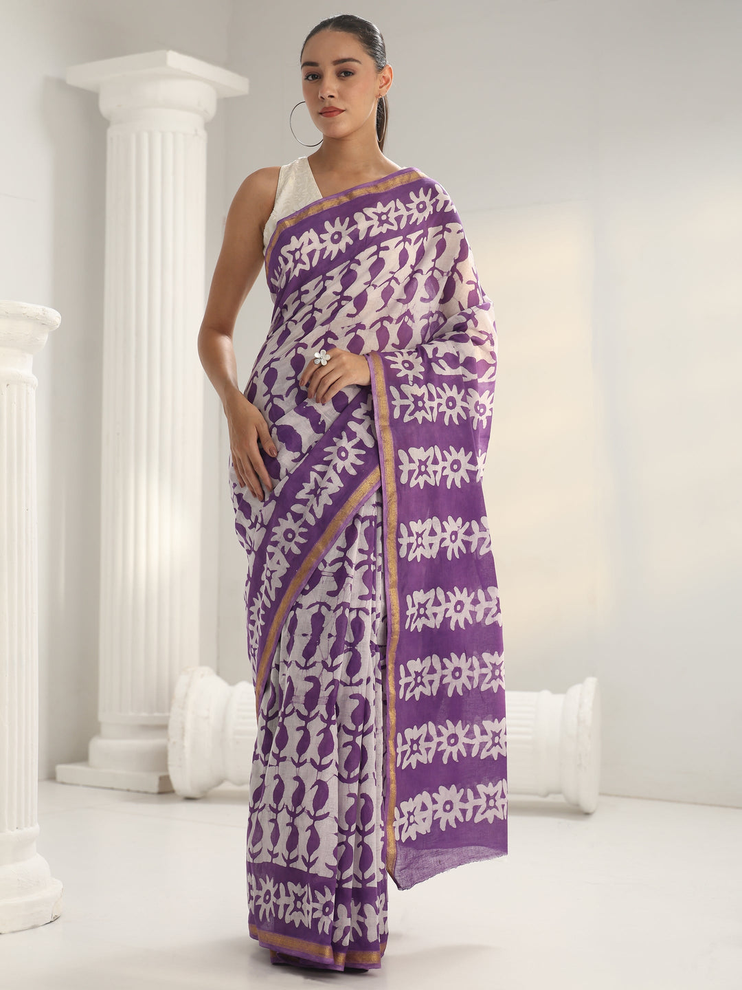  Purple Batik Print Cotton Saree 